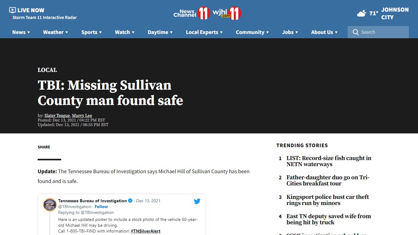 TBI: Missing Sullivan County man found safe | WJHL | Tri ...